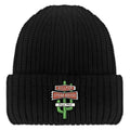 Front view of black Hilltop Steakhouse chunky knit winter hat with green cactus sign and Saugus, Mass lettering