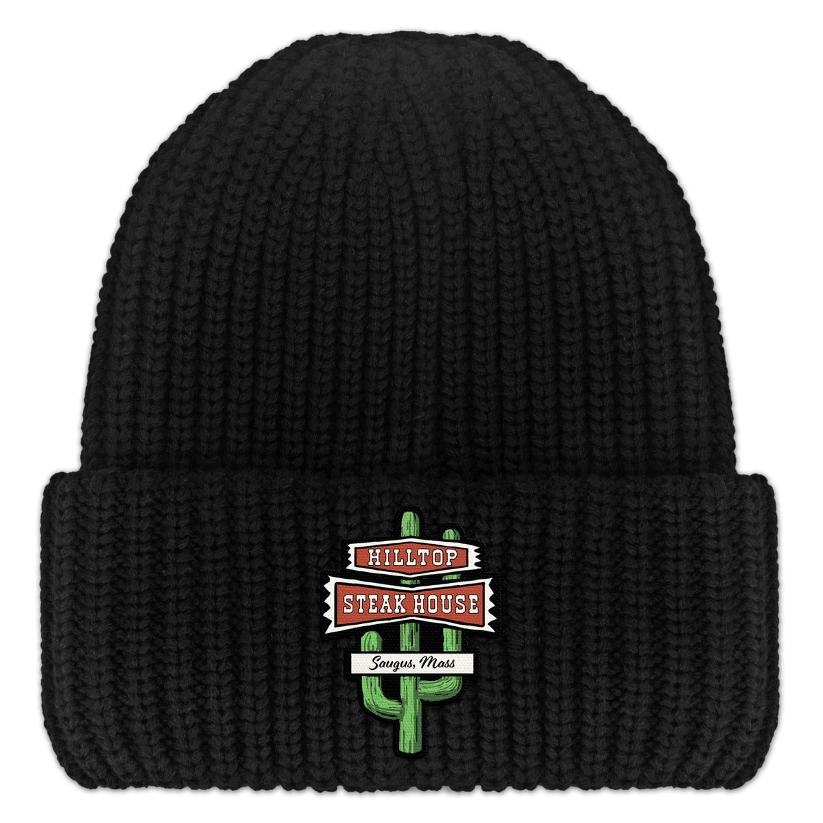 Front view of black Hilltop Steakhouse chunky knit winter hat with green cactus sign and Saugus, Mass lettering