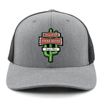 Front view of gray Hilltop Steakhouse snapback trucker hat with green cactus sign and Saugus, Mass lettering