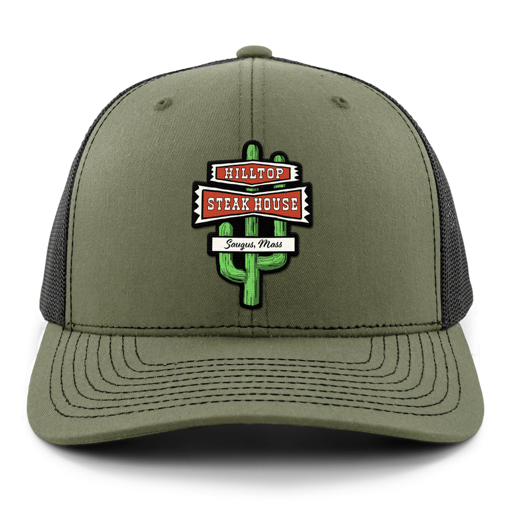 Front view of military green Hilltop Steakhouse snapback trucker hat with green cactus sign and Saugus, Mass lettering