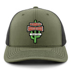 Front view of military green Hilltop Steakhouse snapback trucker hat with green cactus sign and Saugus, Mass lettering