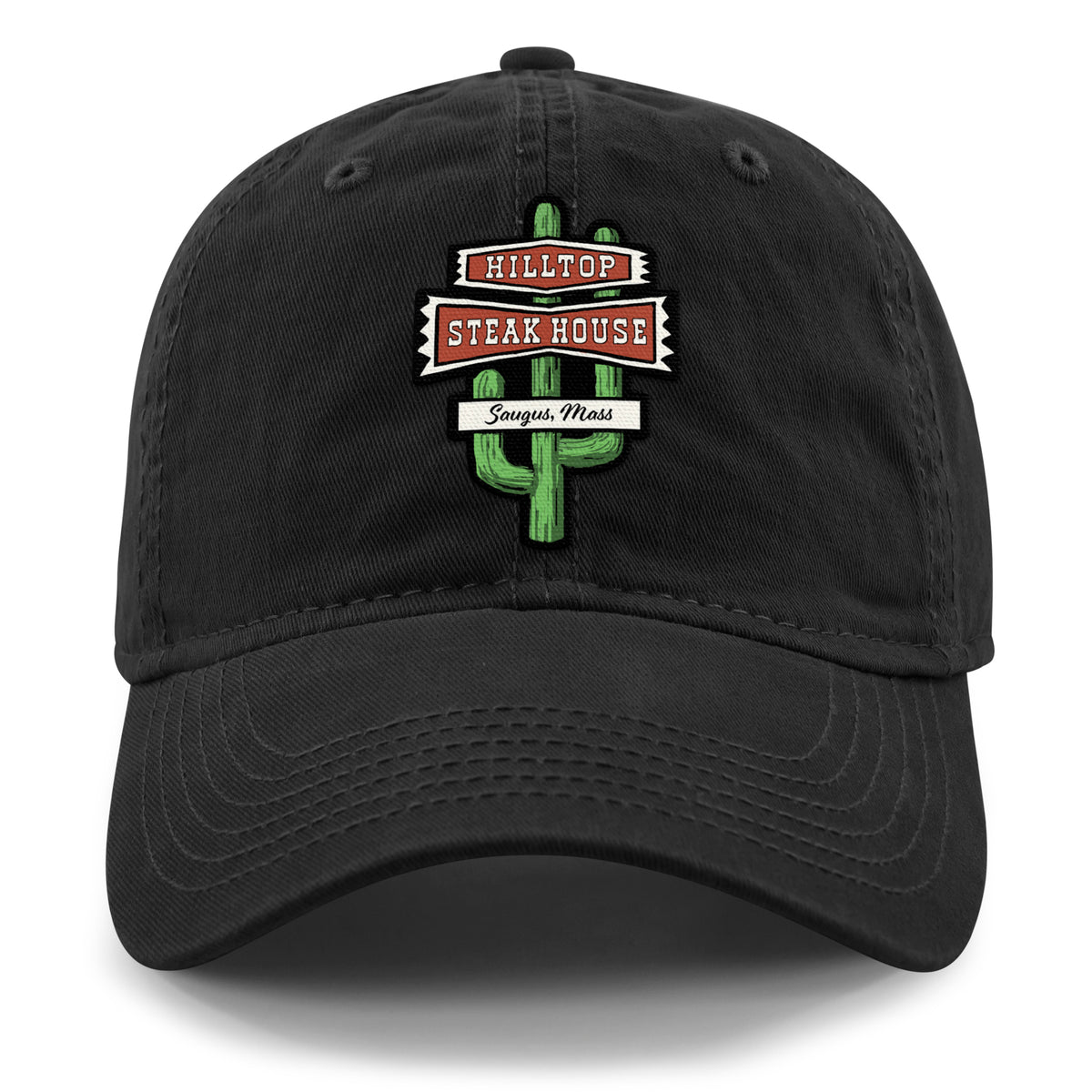 Front view of black Hilltop Steakhouse dad hat with green cactus sign and Saugus, Mass lettering