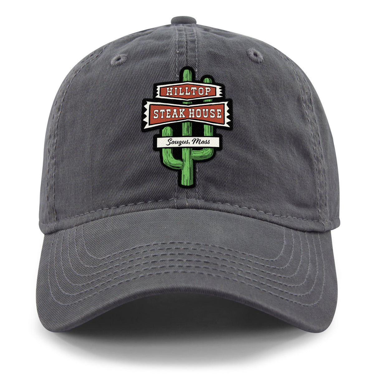 Front view of charcoal Hilltop Steakhouse dad hat with green cactus sign and Saugus, Mass lettering