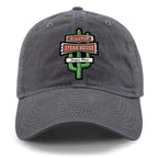 Front view of charcoal Hilltop Steakhouse dad hat with green cactus sign and Saugus, Mass lettering