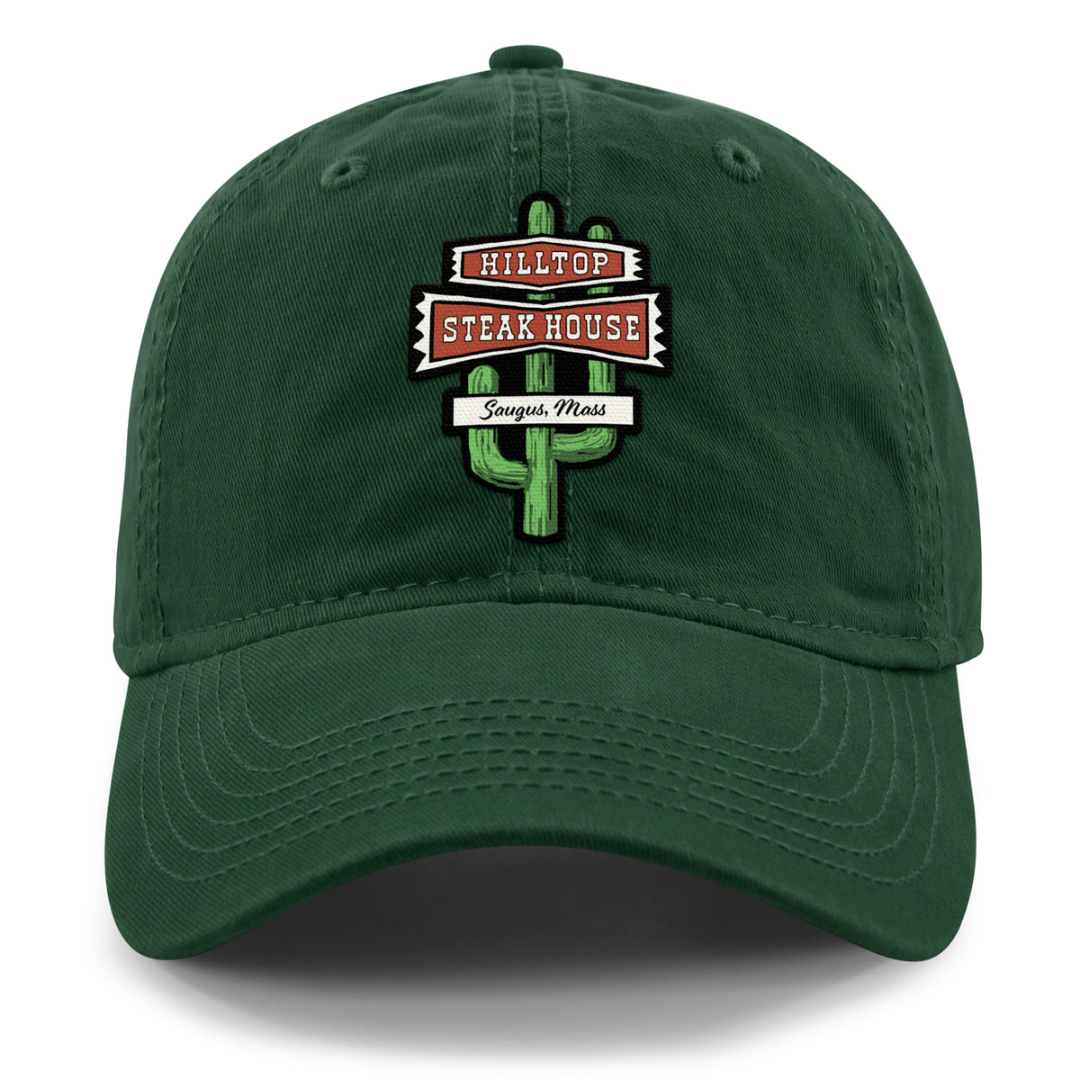 Front view of dark green Hilltop Steakhouse dad hat with green cactus sign and Saugus, Mass lettering