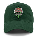 Front view of dark green Hilltop Steakhouse dad hat with green cactus sign and Saugus, Mass lettering