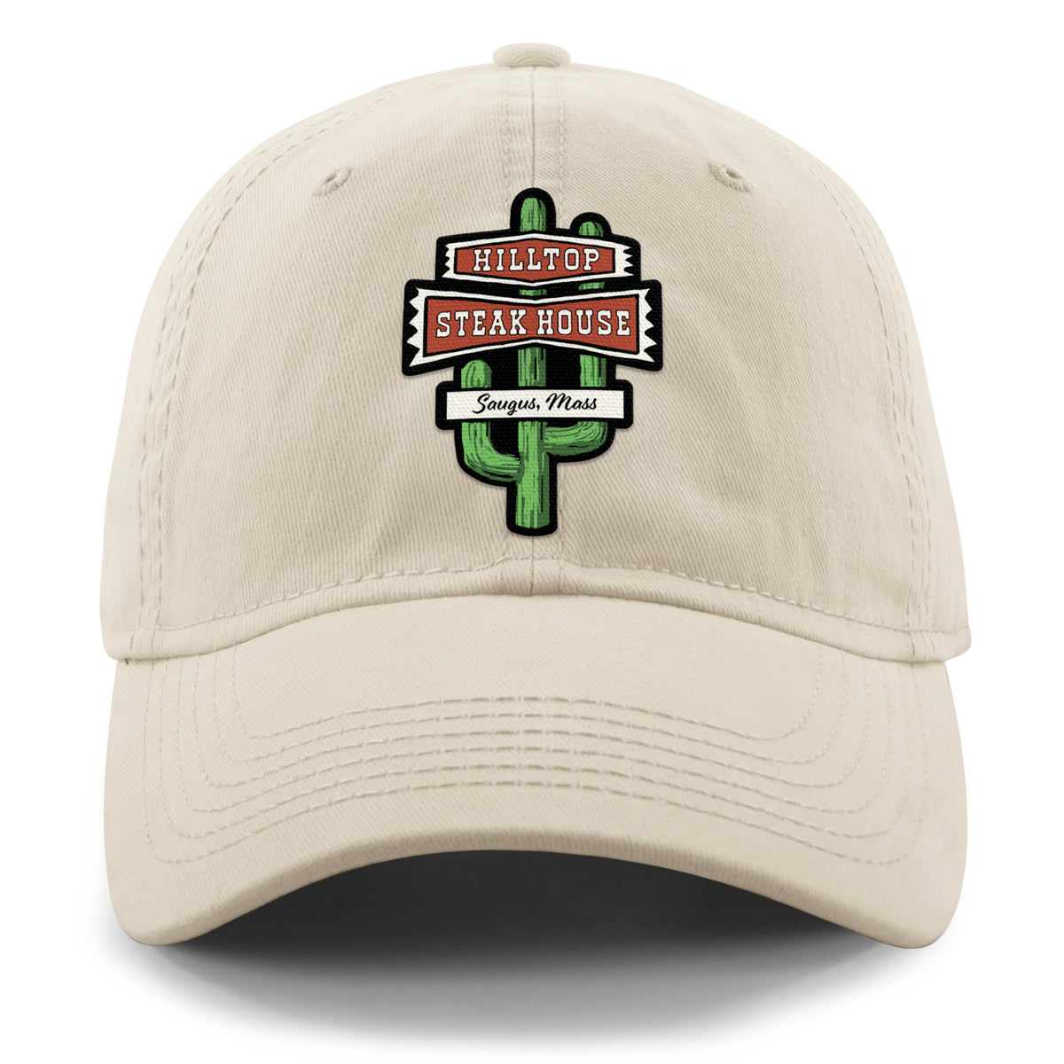 Front view of stone Hilltop Steakhouse dad hat with green cactus sign and Saugus, Mass lettering
