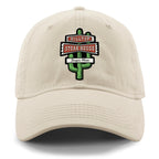 Front view of stone Hilltop Steakhouse dad hat with green cactus sign and Saugus, Mass lettering