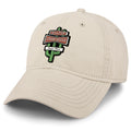 Angled view of stone Hilltop Steakhouse dad hat with green cactus sign and Saugus, Mass lettering