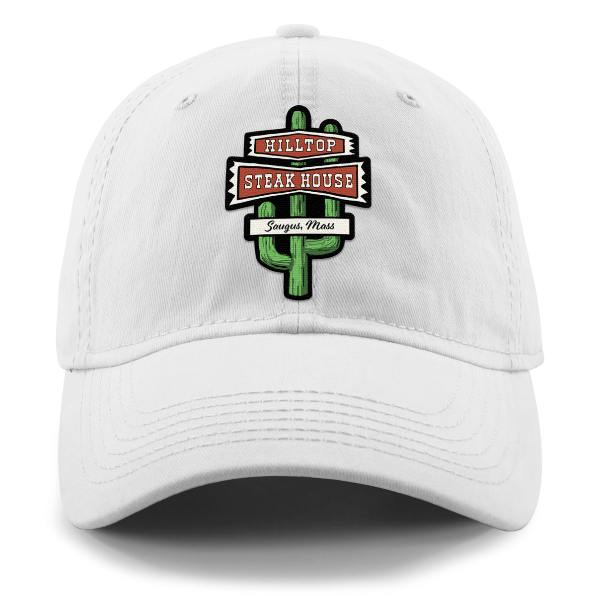 Front view of white Hilltop Steakhouse dad hat with green cactus sign and Saugus, Mass lettering