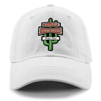 Front view of white Hilltop Steakhouse dad hat with green cactus sign and Saugus, Mass lettering