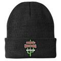 Front view of charcoal Hilltop Steakhouse cuff knit hat with green cactus sign and Saugus, Mass lettering