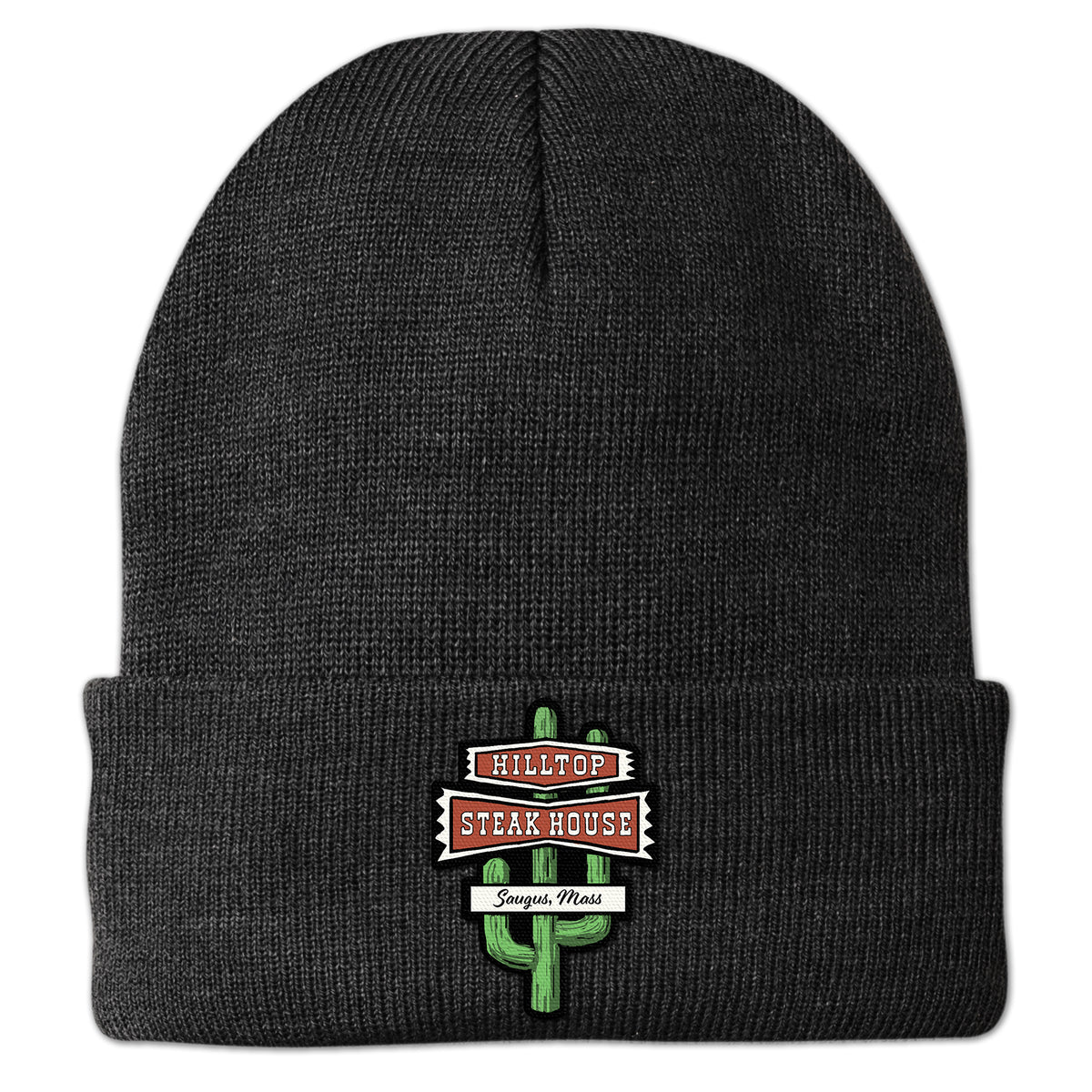 Front view of charcoal Hilltop Steakhouse cuff knit hat with green cactus sign and Saugus, Mass lettering
