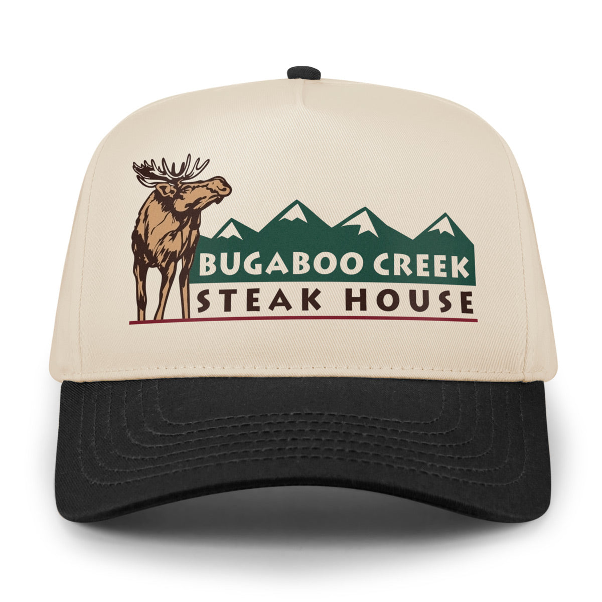Front view of Black/Stone Bugaboo Creek retro snapback hat with moose and mountain design