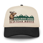 Front view of Black/Stone Bugaboo Creek retro snapback hat with moose and mountain design