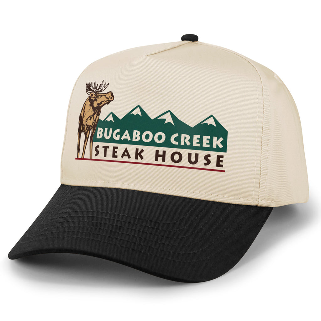 Angled view of Black/Stone Bugaboo Creek retro snapback hat with moose and green mountain artwork