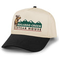 Angled view of Black/Stone Bugaboo Creek retro snapback hat with moose and green mountain artwork