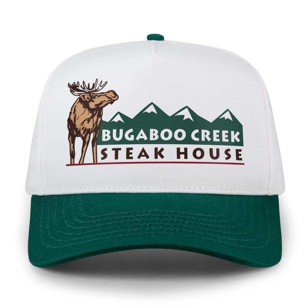 Front view of Green/White Bugaboo Creek retro snapback hat with moose and mountain design