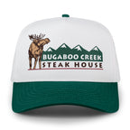 Front view of Green/White Bugaboo Creek retro snapback hat with moose and mountain design