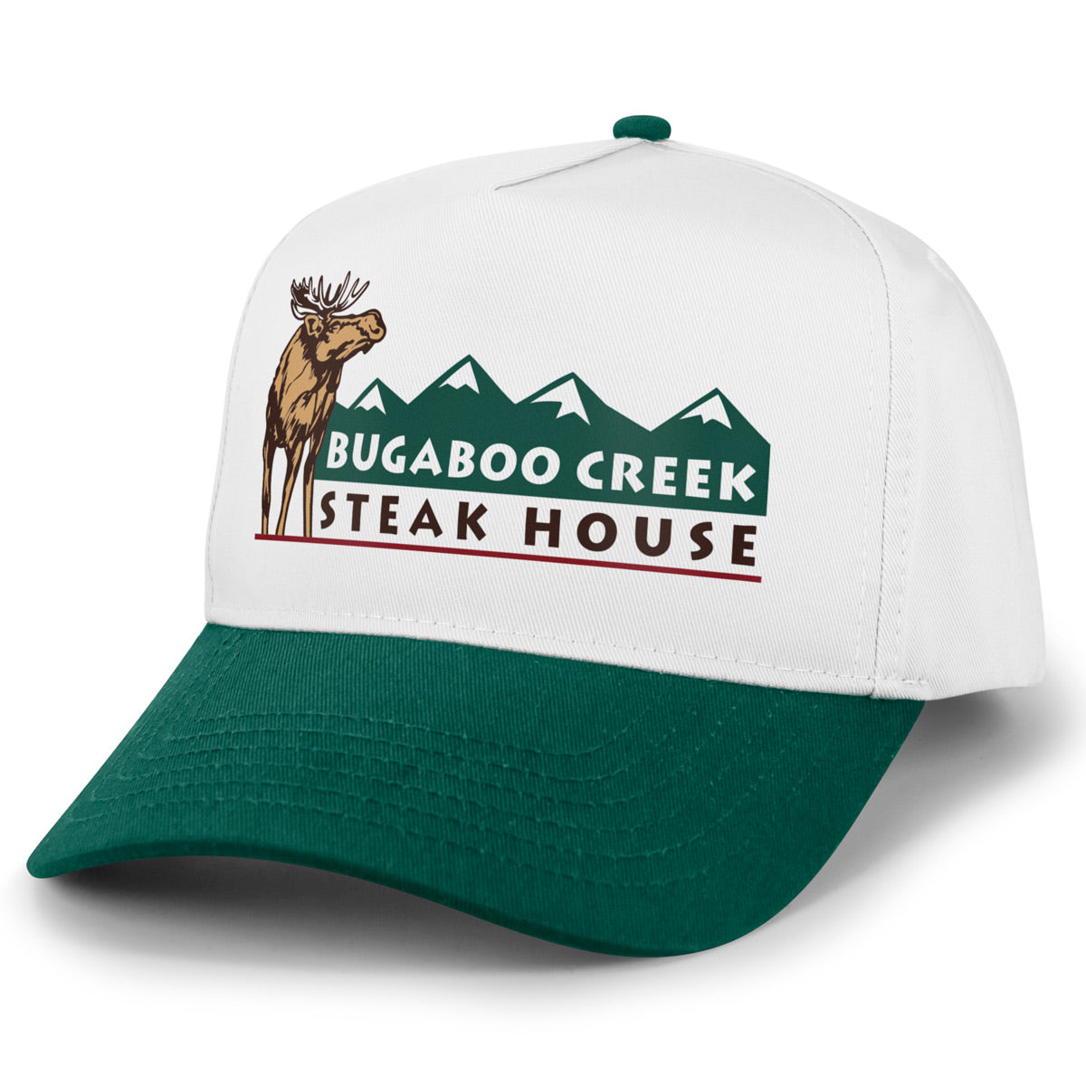 Angled view of Green/White Bugaboo Creek retro snapback hat with moose and mountain artwork