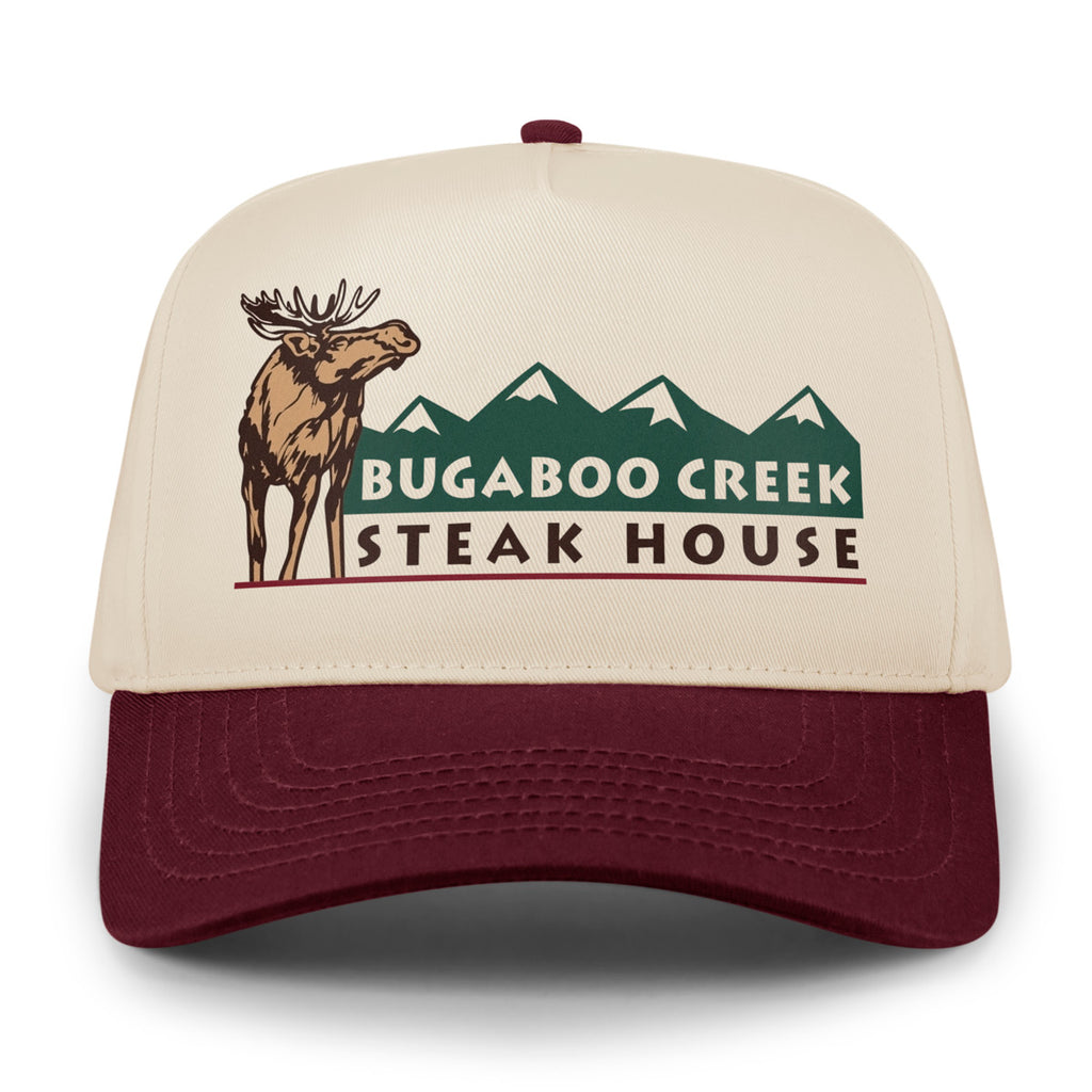 Front view of Maroon/Stone Bugaboo Creek retro snapback hat with moose and mountain design