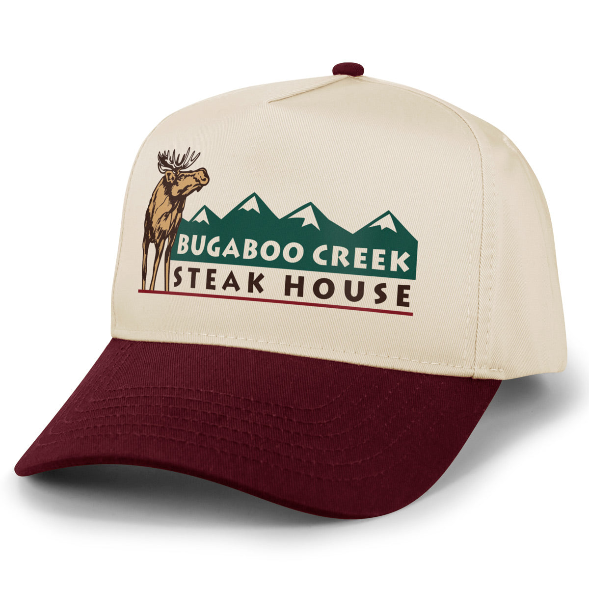 Angled view of Maroon/Stone Bugaboo Creek retro snapback hat with moose and mountain artwork