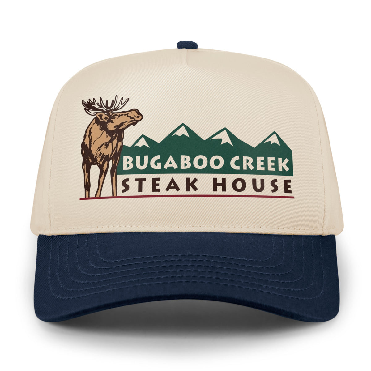 Front view of Navy/Stone Bugaboo Creek retro snapback hat with moose and mountain design