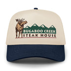 Front view of Navy/Stone Bugaboo Creek retro snapback hat with moose and mountain design