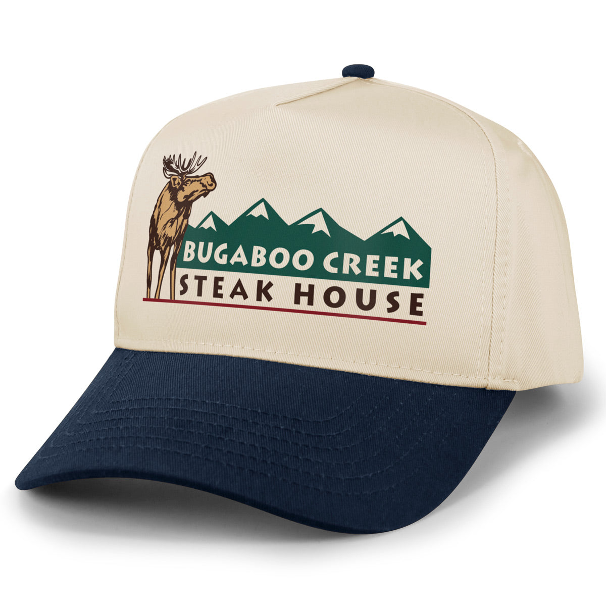 Angled view of Navy/Stone Bugaboo Creek retro snapback hat with moose and mountain artwork