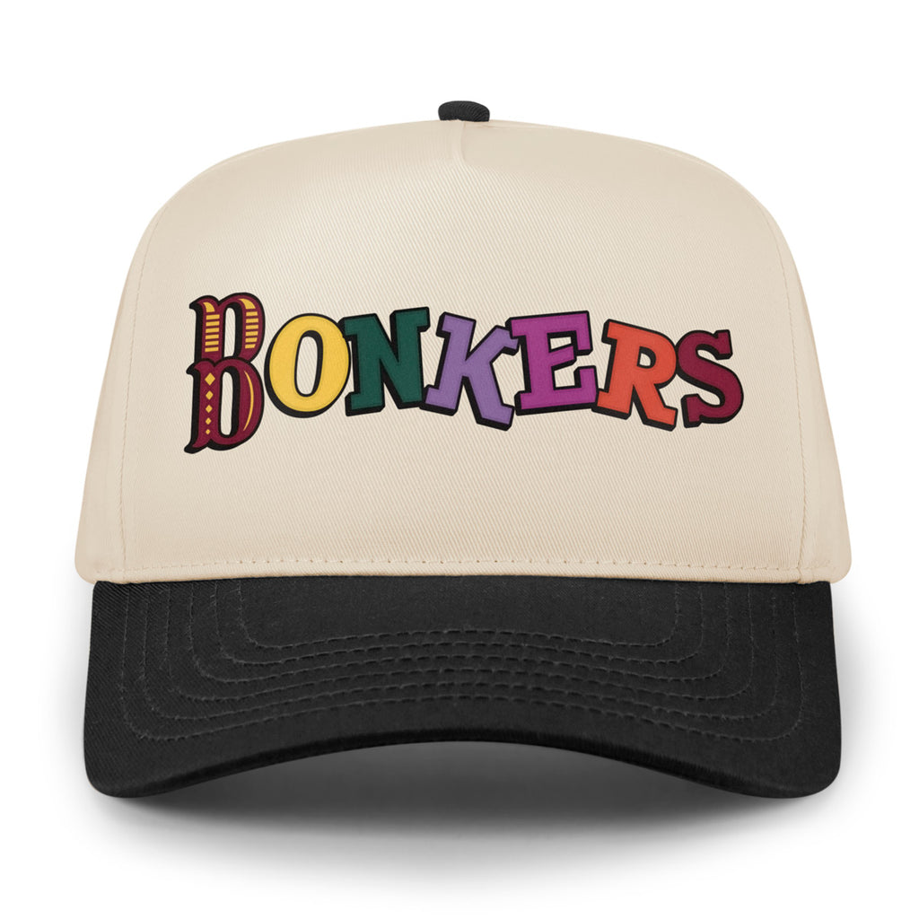 Front of black and stone Bonkers Funhouse hat with multicolor lettering