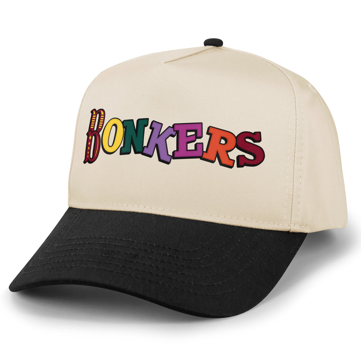 Black and stone Bonkers Funhouse retro snapback hat with colorful printed logo