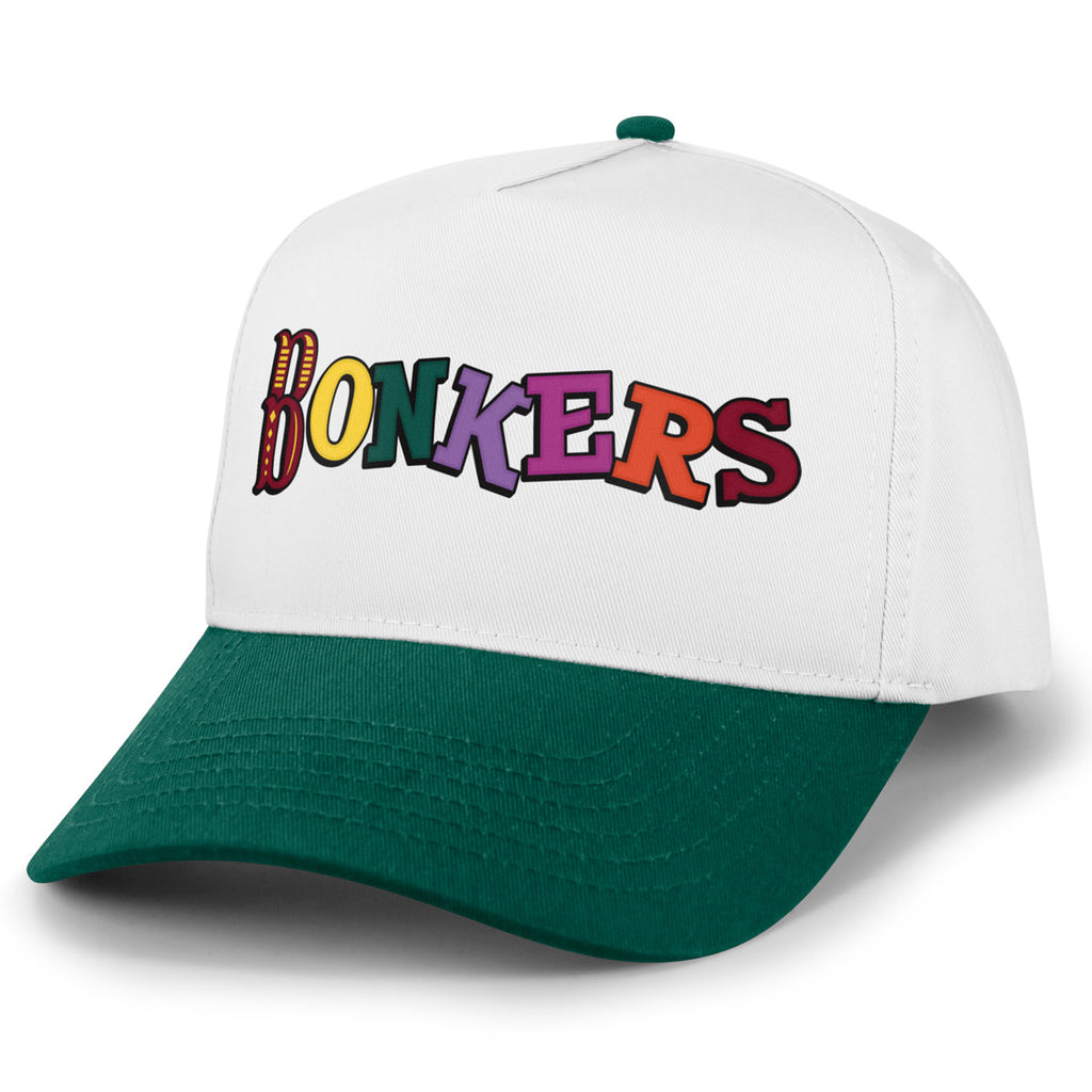 Front of green and white Bonkers Funhouse hat with multicolor logo