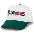 Front of green and white Bonkers Funhouse hat with multicolor logo