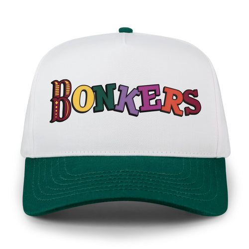 Green and white Bonkers Funhouse retro snapback hat with colorful printed lettering