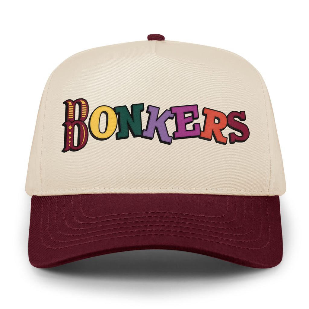 Front of maroon and stone Bonkers Funhouse hat with multicolor lettering