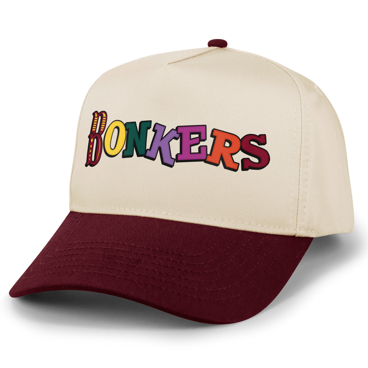 Maroon and stone Bonkers Funhouse retro snapback hat with colorful printed logo