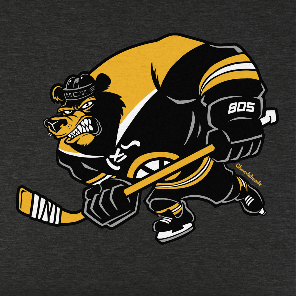 Close-up of the Big Bad Boston Bear hockey design on charcoal
