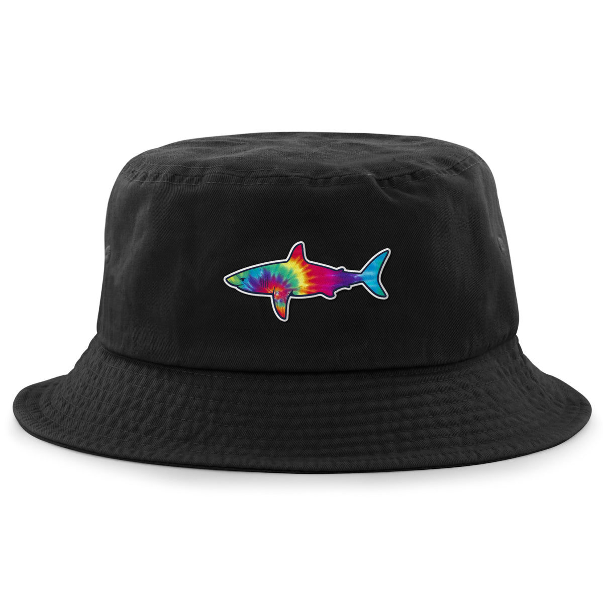 Front of black Tie Dye Shark bucket hat with swirled shark face graphic