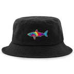 Front of black Tie Dye Shark bucket hat with swirled shark face graphic
