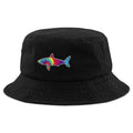 Tie Dye Shark bucket hat in black — swirled shark face on soft cotton beach cap