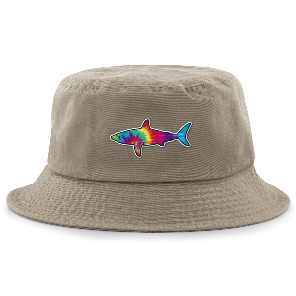 Front of khaki Tie Dye Shark bucket hat with swirled shark face graphic