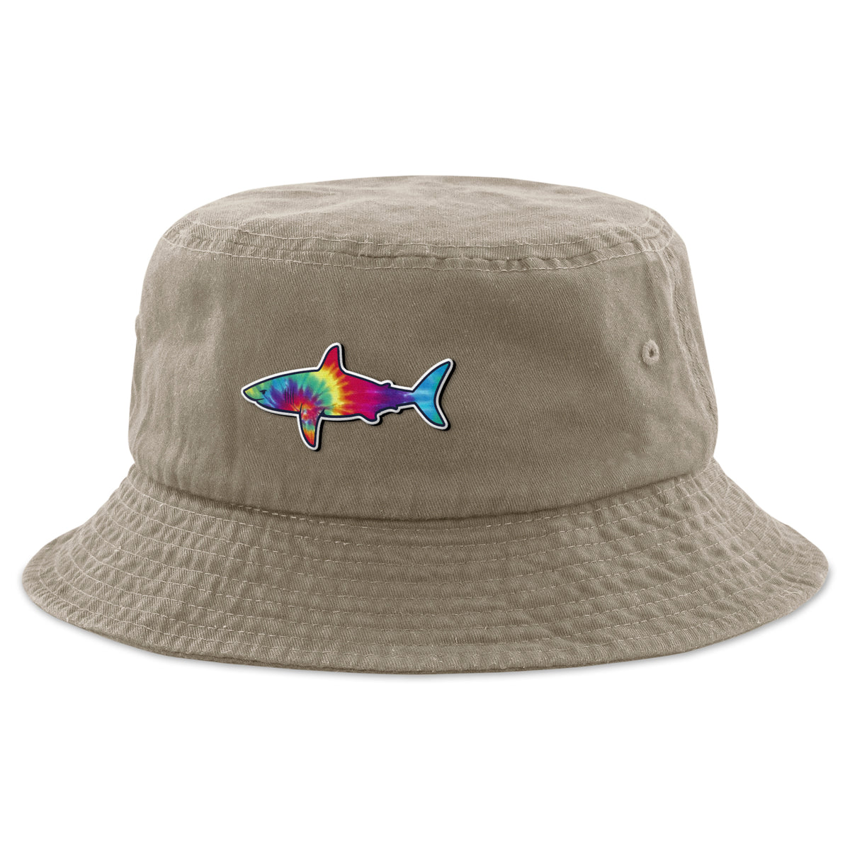 Tie Dye Shark bucket hat in khaki — swirled shark face on soft cotton beach cap