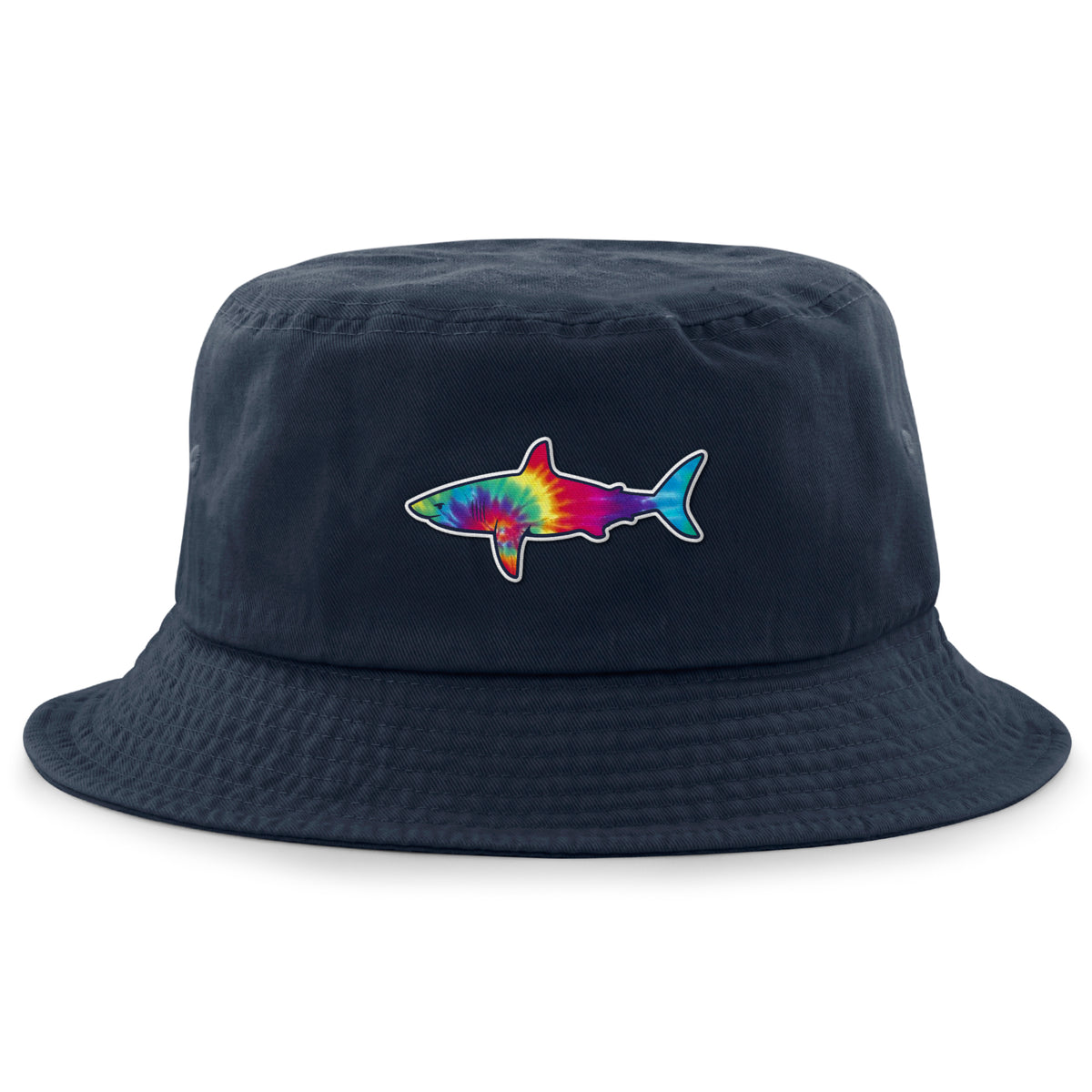 Front of navy Tie Dye Shark bucket hat with swirled shark face graphic