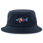 Front of navy Tie Dye Shark bucket hat with swirled shark face graphic