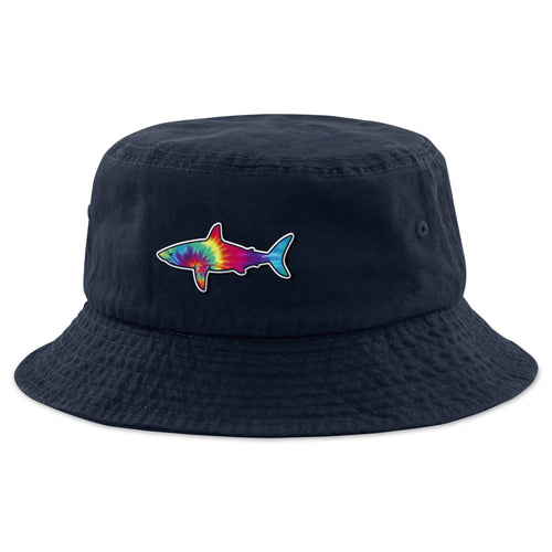 Tie Dye Shark bucket hat in navy — swirled shark face on soft cotton beach cap