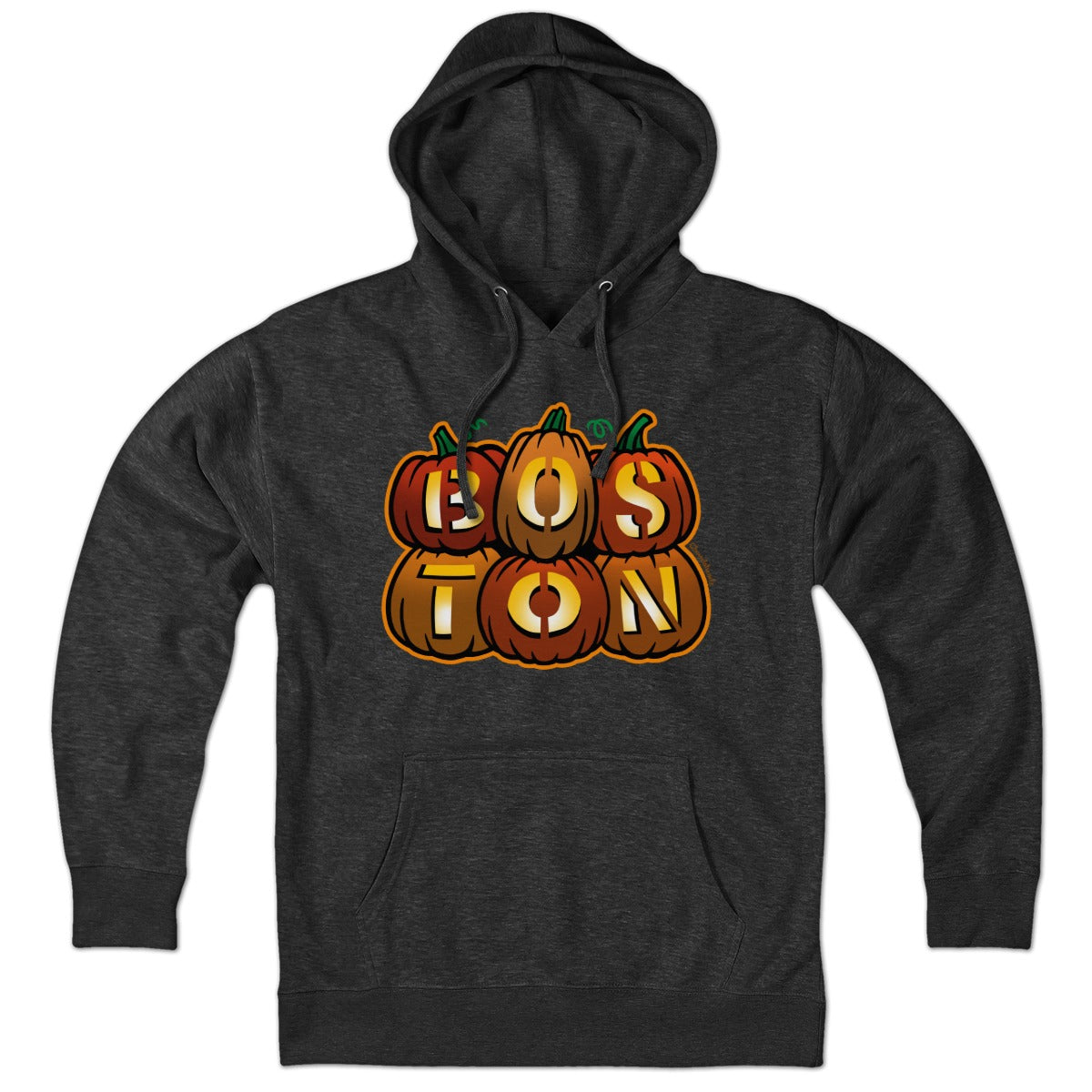 Charcoal Hoodie featuring three stacked glowing jack o' lanterns with Boston-inspired carved faces on Charcoal fabric