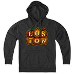 Charcoal Hoodie featuring three stacked glowing jack o' lanterns with Boston-inspired carved faces on Charcoal fabric