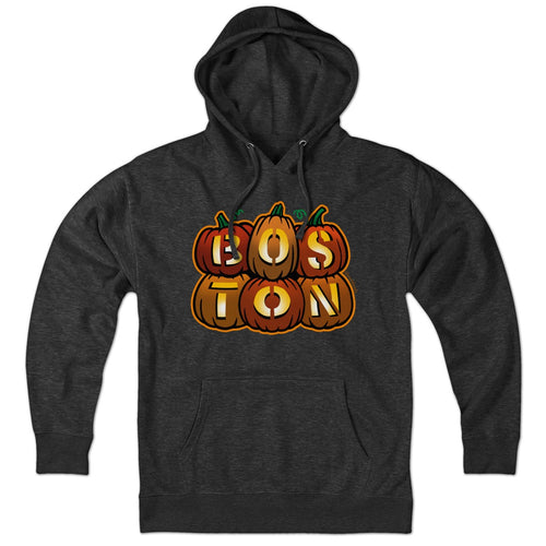 Charcoal Hoodie featuring three stacked glowing jack o' lanterns with Boston-inspired carved faces on Charcoal fabric