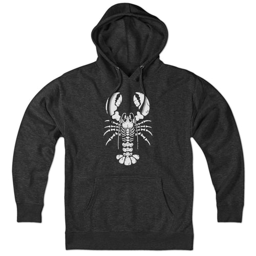 Charcoal Hoodie featuring a skeleton lobster graphic in white and cream, perfect for Halloween and coastal New England fashion