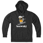 Front view of a charcoal pullover hoodie with a cartoon beer mug skiing above white brewski lettering
